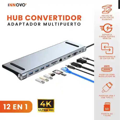 Multipuerto Hub 12 En 1 Multipuerto Tipo C Puerto Red Lan Hdmi Vga Innovo