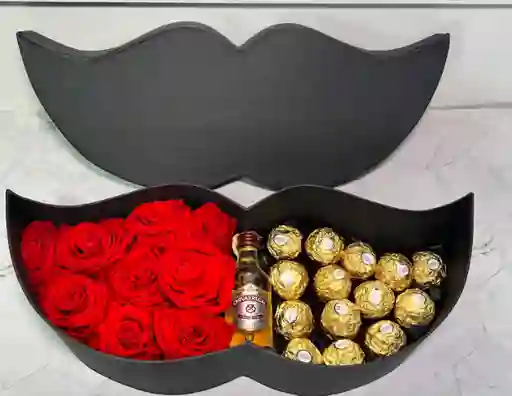 Caja Bigote Hombre Con Rosas Naturales, Chocolates Ferrero Rocher Y Whisky