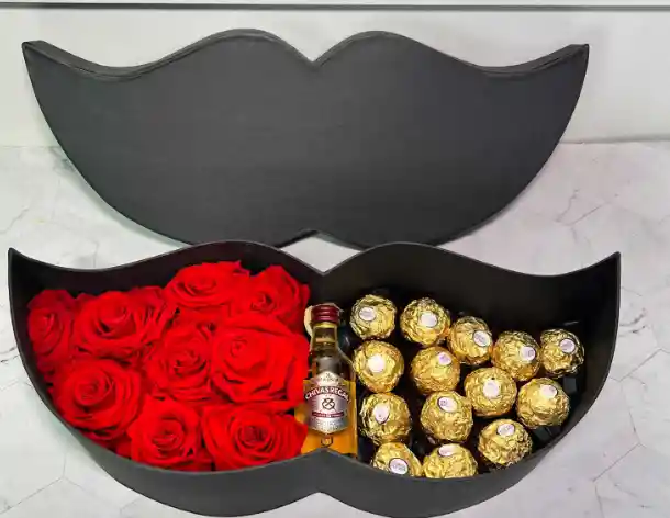 Caja Bigote Hombre Con Rosas Naturales, Chocolates Ferrero Rocher Y Whisky