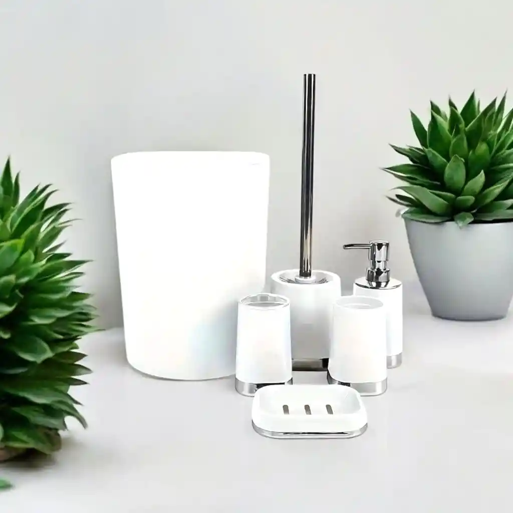 Set Accesorios Baño 6 Pcs Vaso Dispensador Jabón Portacepillo Blanco