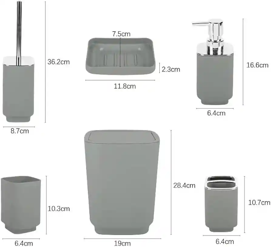 Set Accesorios Baño 6 Pzs Vaso Dispensador Jabón Porta Cepillo Gris