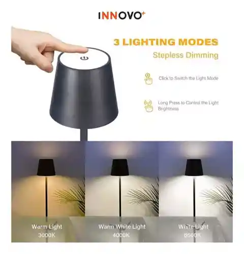 Lampara Led Elegante Mesa Táctil Tonos Innovo Led Recargable Negro