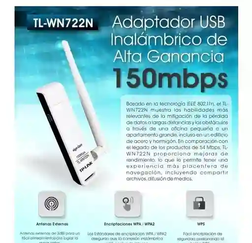 Tp-link, Tarjeta De Red De Alta Ganancia 150mbps, Tl-wn722n