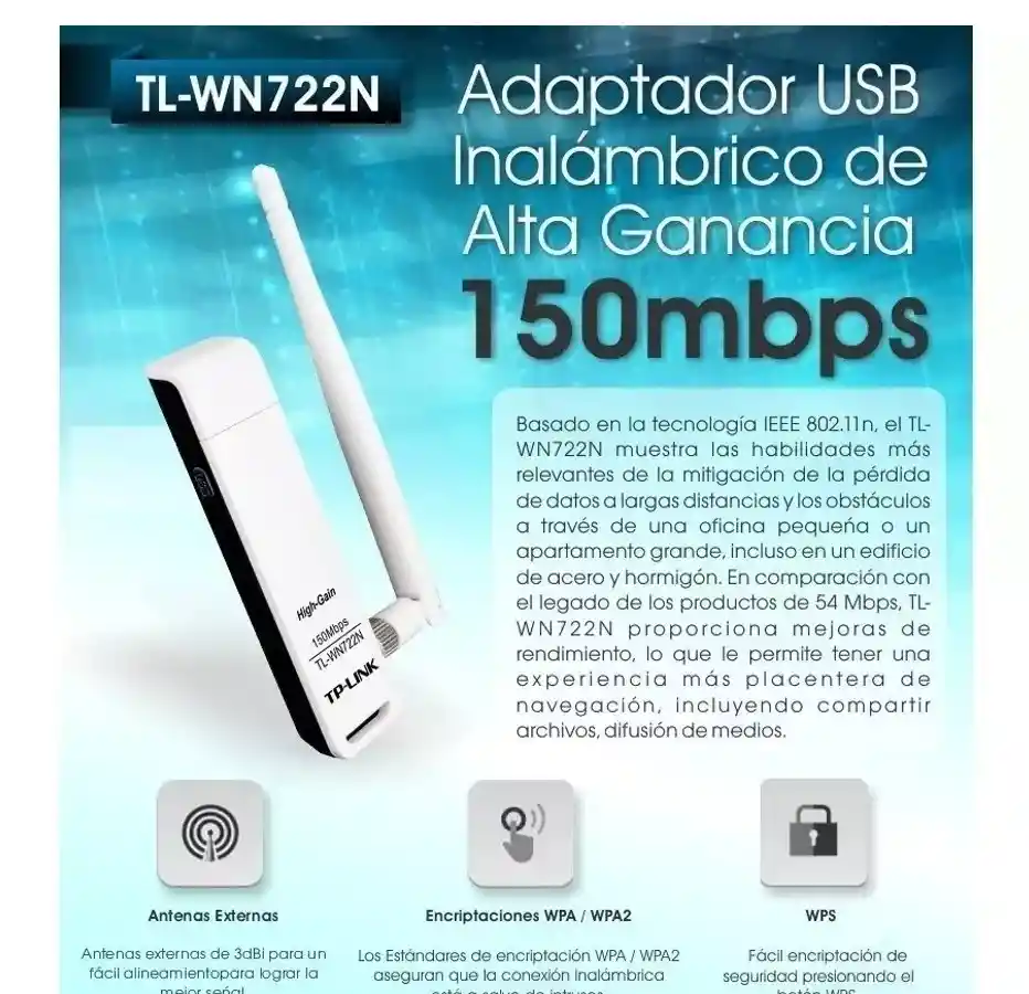 Tp-link, Tarjeta De Red De Alta Ganancia 150mbps, Tl-wn722n