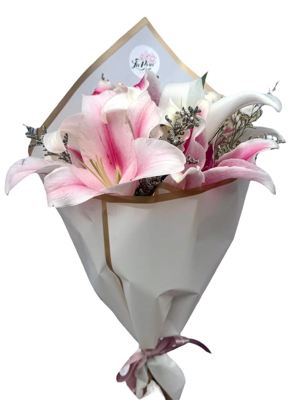 Ramo De Lirios Blancos Y Rosados X4 — Celebraciones. Arreglo floral de Flores Les Roses con envío a domicilio en Bogotá.