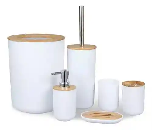 Kit De Accesorios De Baño De 6 Piezas Para Lavabo De Plástico De Bambú, Color Blanco
