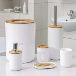 Kit De Accesorios De Baño De 6 Piezas Para Lavabo De Plástico De Bambú, Color Blanco