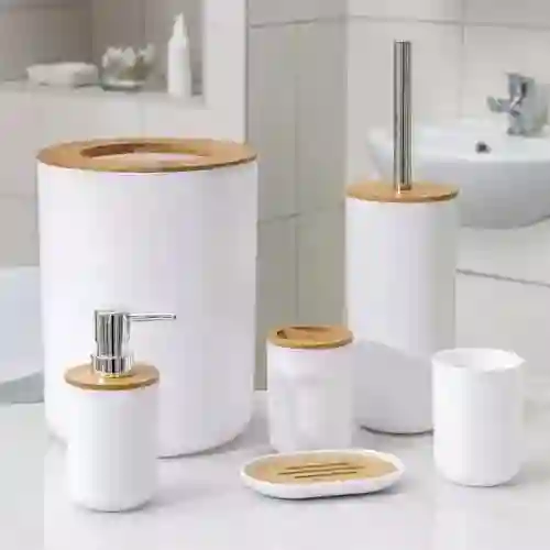 Kit De Accesorios De Baño De 6 Piezas Para Lavabo De Plástico De Bambú, Color Blanco