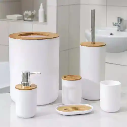 Kit De Accesorios De Baño De 6 Piezas Para Lavabo De Plástico De Bambú, Color Blanco