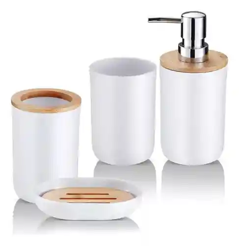 Kit De Accesorios De Baño De 6 Piezas Para Lavabo De Plástico De Bambú, Color Blanco