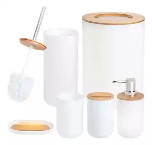 Kit De Accesorios De Baño De 6 Piezas Para Lavabo De Plástico De Bambú, Color Blanco