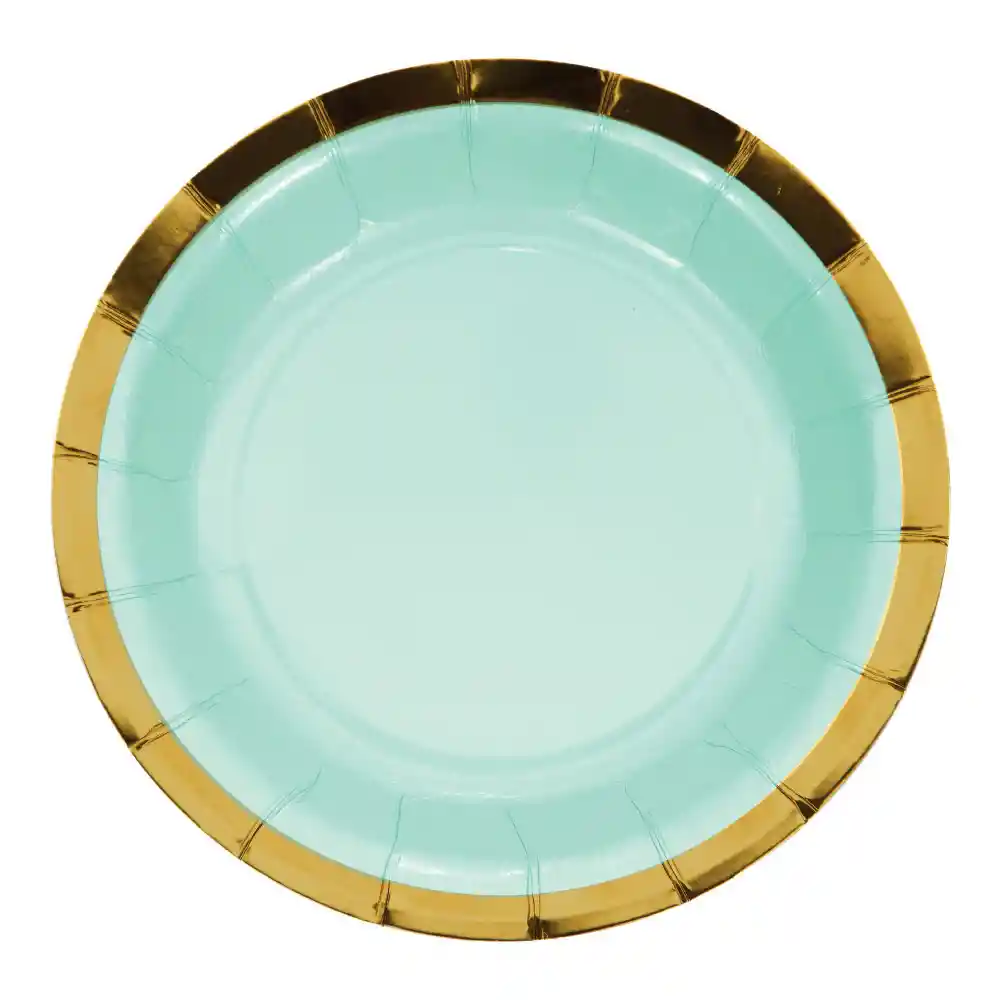 Plato 6" Redondo Verde Pastel Borde Dorado X 10 Und