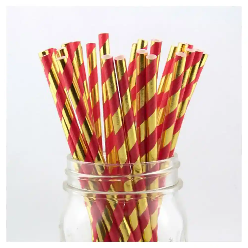 Pitillo Rojo Lineas Doradas Metalizadas X 25 Und