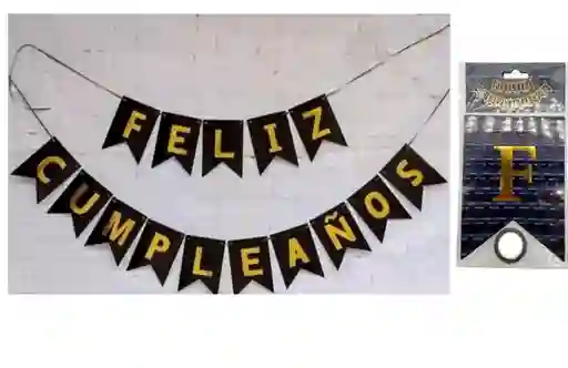 Banderín Letrero Feliz Cumple Oro Negro Holografico