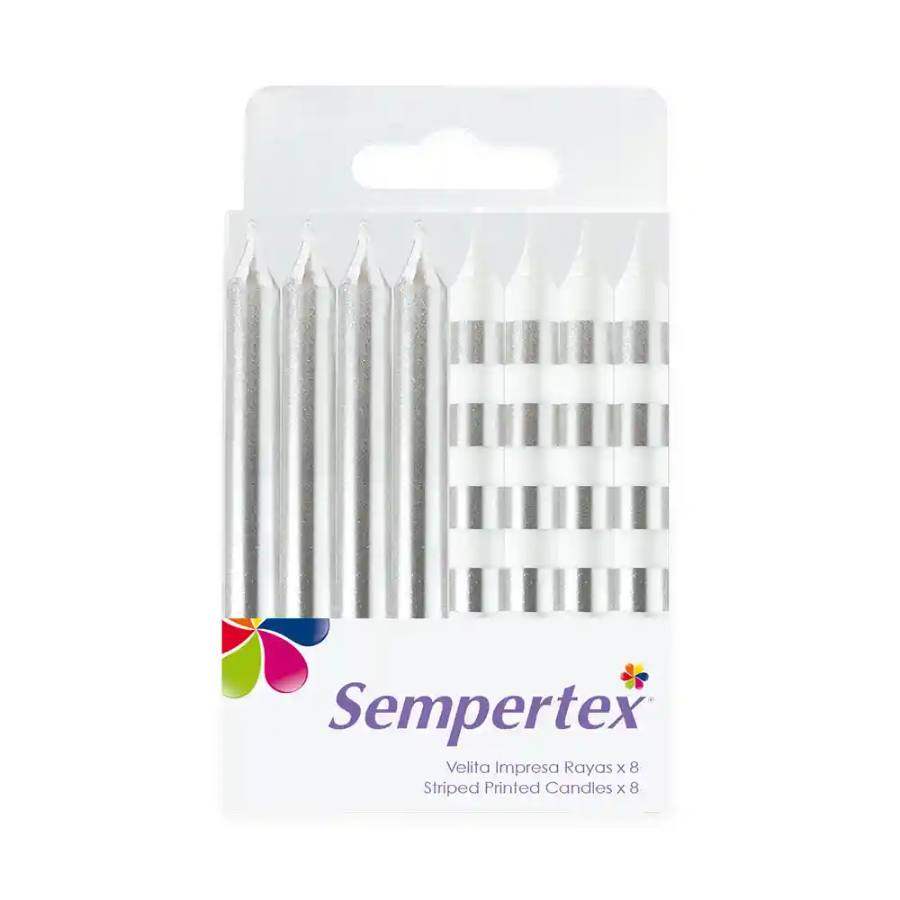 Velas Rayas Blanco Plateado X 8 Und