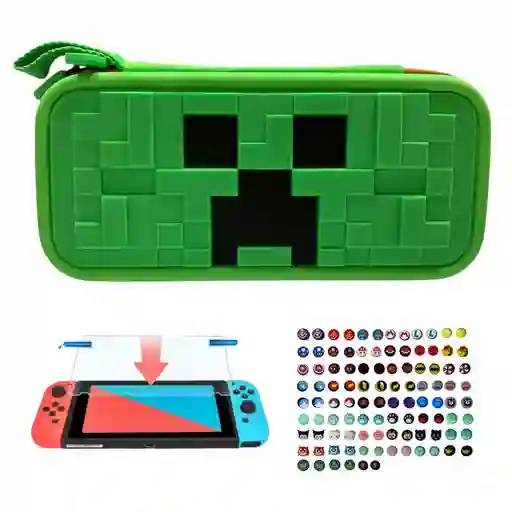Estuche Edicion Minecraft + Vidrio + 2 Grips Para Nintendo Switch