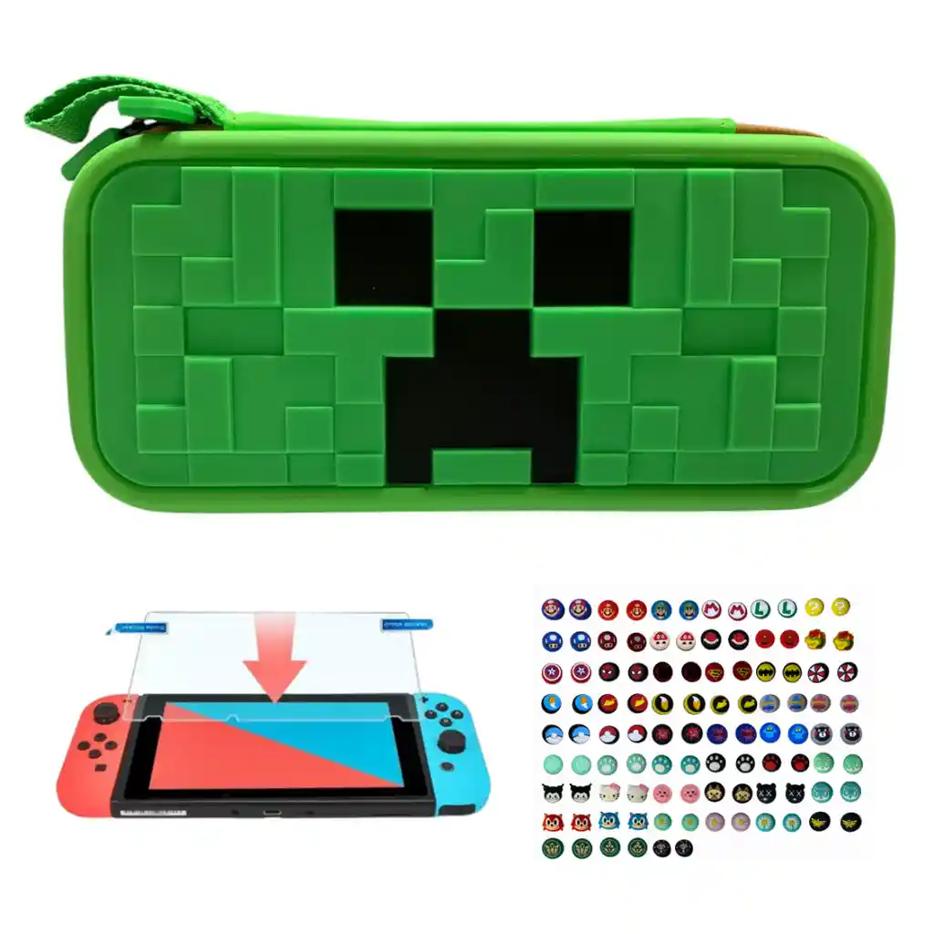 Estuche Edicion Minecraft + Vidrio + 2 Grips Para Nintendo Switch