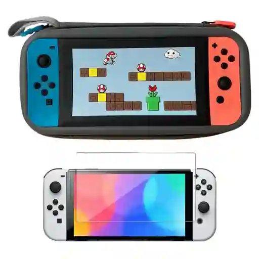 Estuche Edicion Mario Mundo Negro + Vidrio Para Nintendo Switch Oled