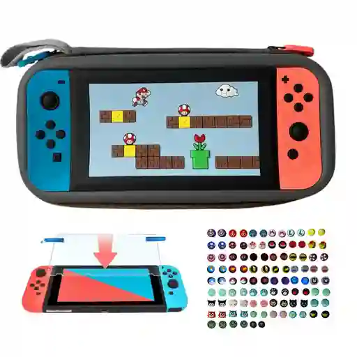 Estuche Edicion Mario Mundo Negro + Vidrio + 2 Grips Compatible Con Switch