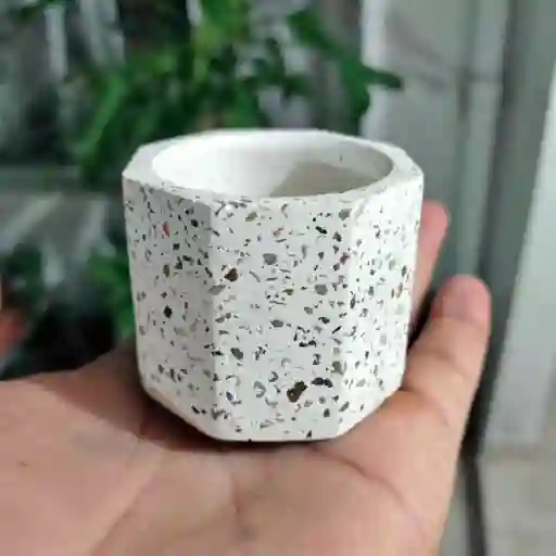 Maceta Octogonal En Cemento Blanco Y Granito Para Cactus Y Suculentas
