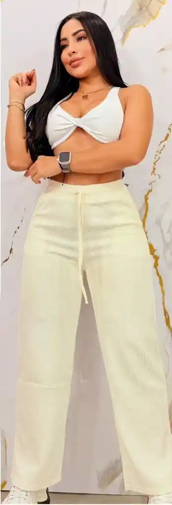 Pantalon Palazzo Ancho Pana Acanalado Con Bolsillo