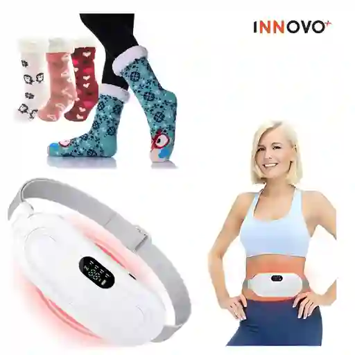 Combo Cinturón Térmico Alivia Cólicos Blanco + Medias Térmicas De Peluche Ovejeras