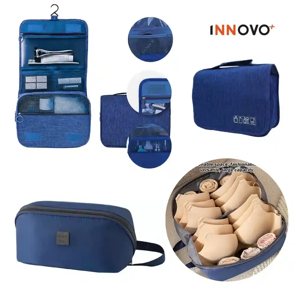 Combo Organizador De Viaje Equipaje Cosmetiquera Maquillaje Y Bolso Ropa Interior Azul