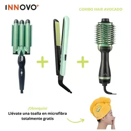 Tri Combo Aguacate Cepillo Secador + Plancha Cabello + Pinza Sirena + Obsequio Toalla Microfibra Cabello