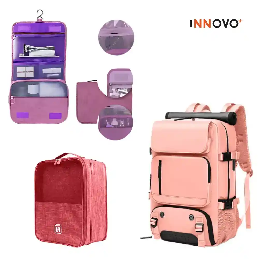 Combo Maleta Viajera + Organizadores Equipaje De Zapatos Y Cosmetiquera Maquillaje Rosa