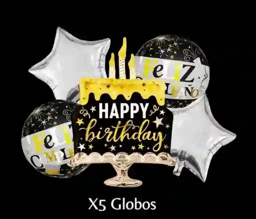 Bouquet X5 Globos Metálizados Pastel Feliz Cumpleaños