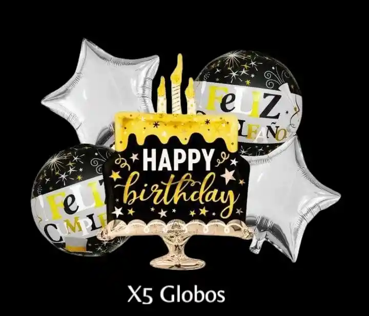 Bouquet X5 Globos Metálizados Pastel Feliz Cumpleaños