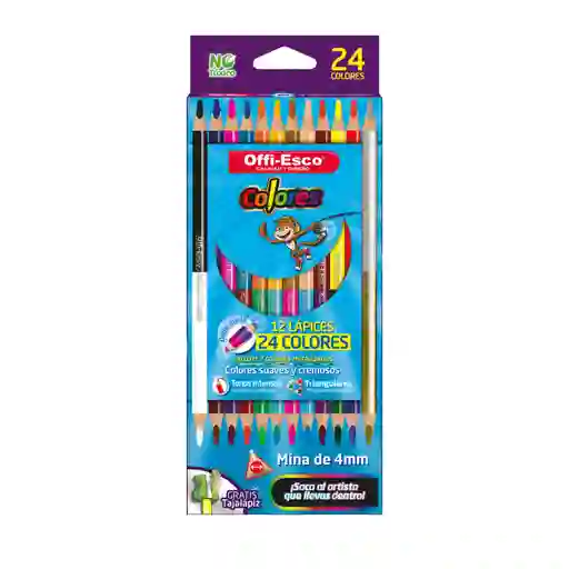 Colores Triangulares Doble Punta 12 Lápices /24 Colores Suaves Y Cremosos Mina 4mm Offi-esco