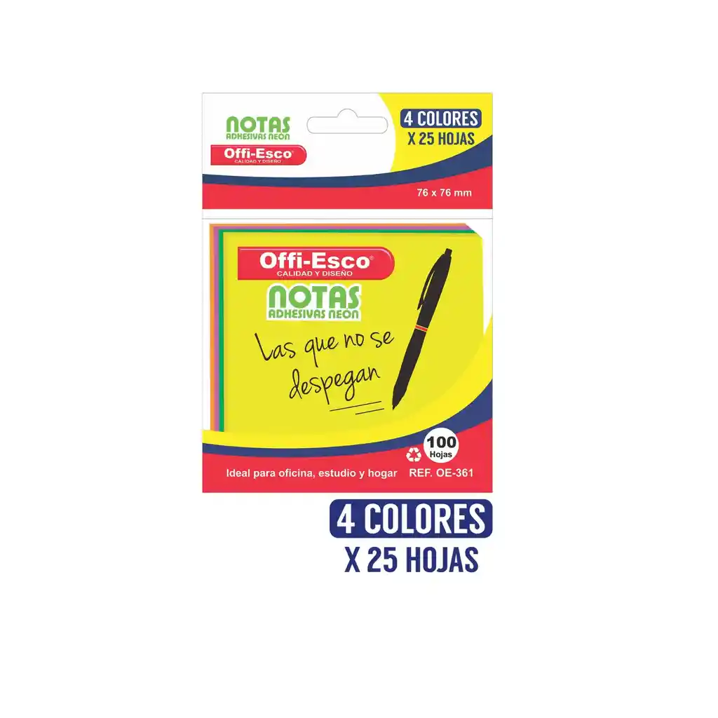 Notas Adhesivas Offi-esco X100 Hojas Colores Neón 76x76mm