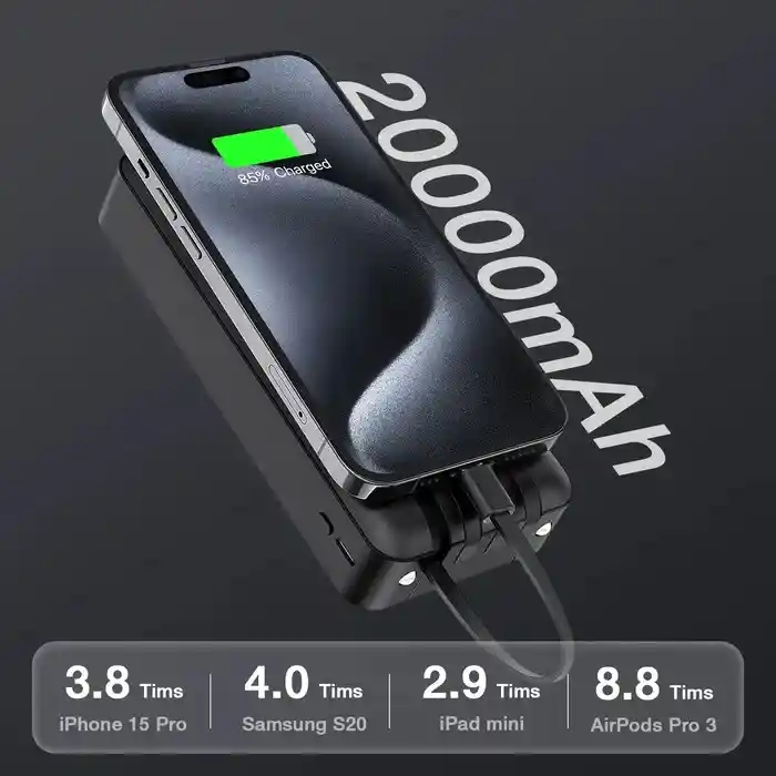 Power Bank Inalámbrica Gar 159 1hora Con Multicables Tipo C V8 Lightning De 20.000mah
