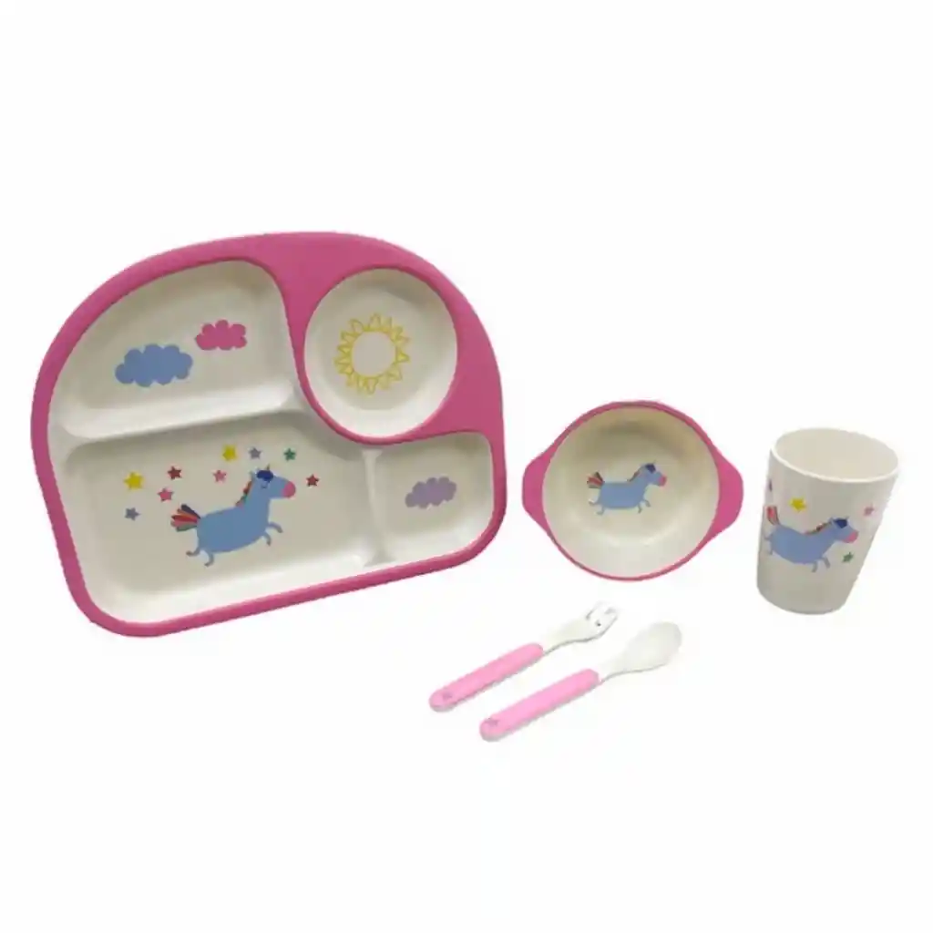 Set Vajilla Platos Cubiertos Unicornio Bebe Infantil X 5pc