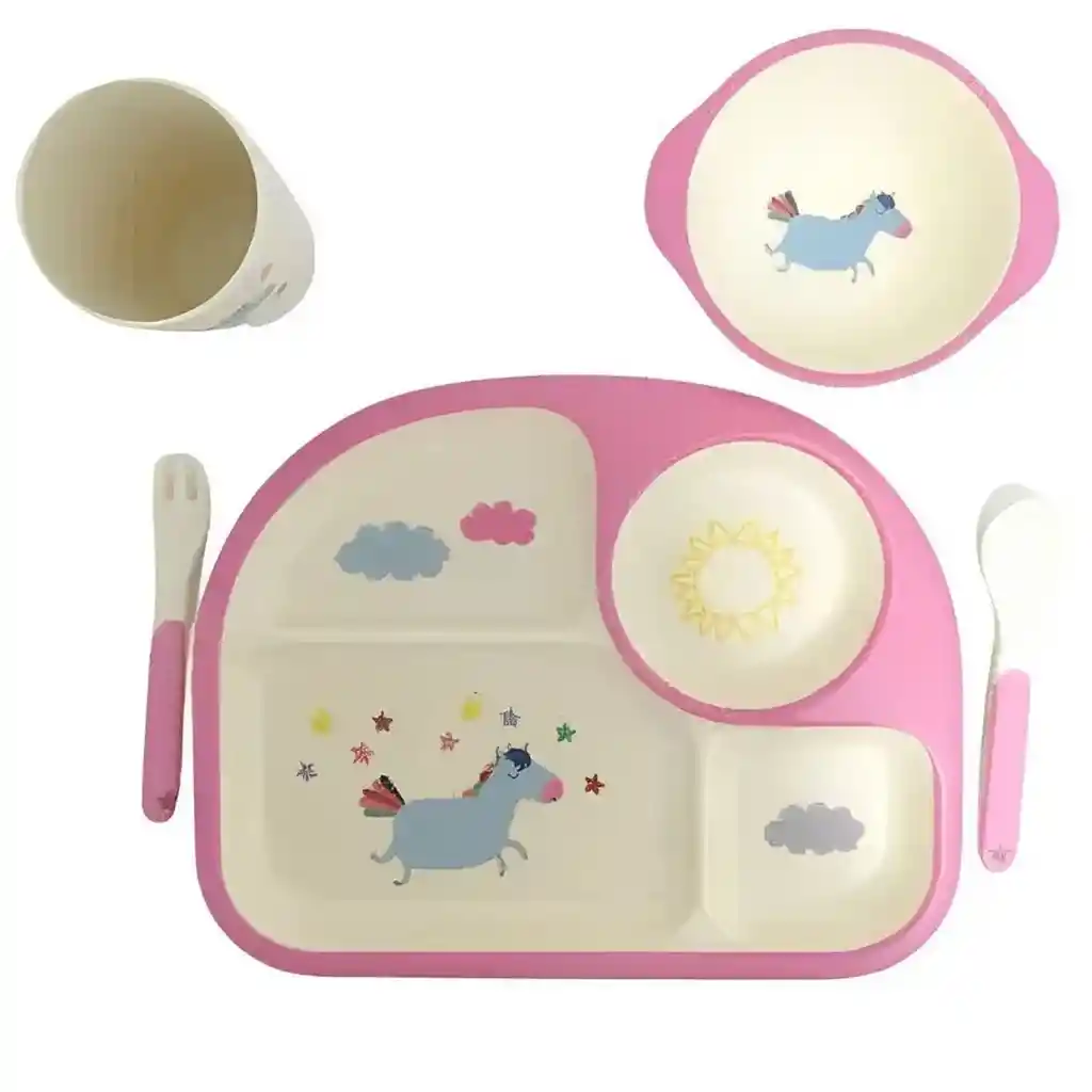 Set Vajilla Platos Cubiertos Unicornio Bebe Infantil X 5pc