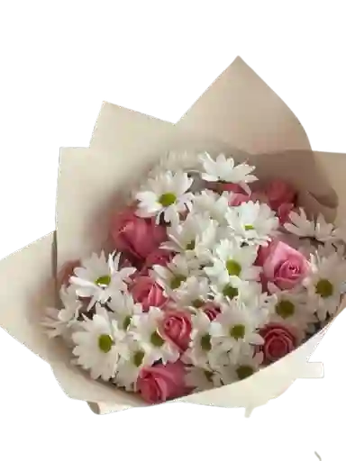 Bouquet De 12 Rosas Rosadas Y Margaritas