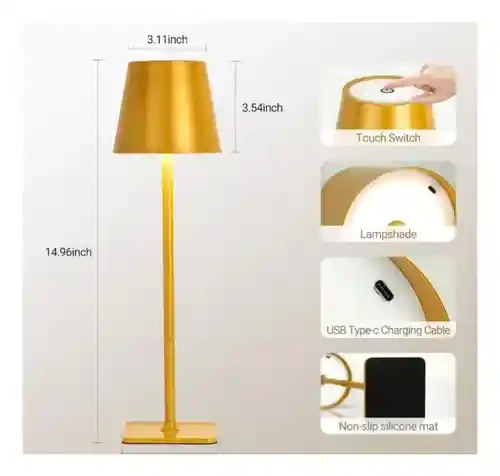 Lámpara Farol De Mesa Recargable Táctil 3 Tonos De Luz Dorado Innovo Home