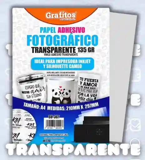 Papel Adhesivo Transparente Imprimible Inkjet X 2 Hojas