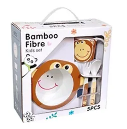 Set Alimentación Bebe Plato Cubiertos Taza Bamboo Mono