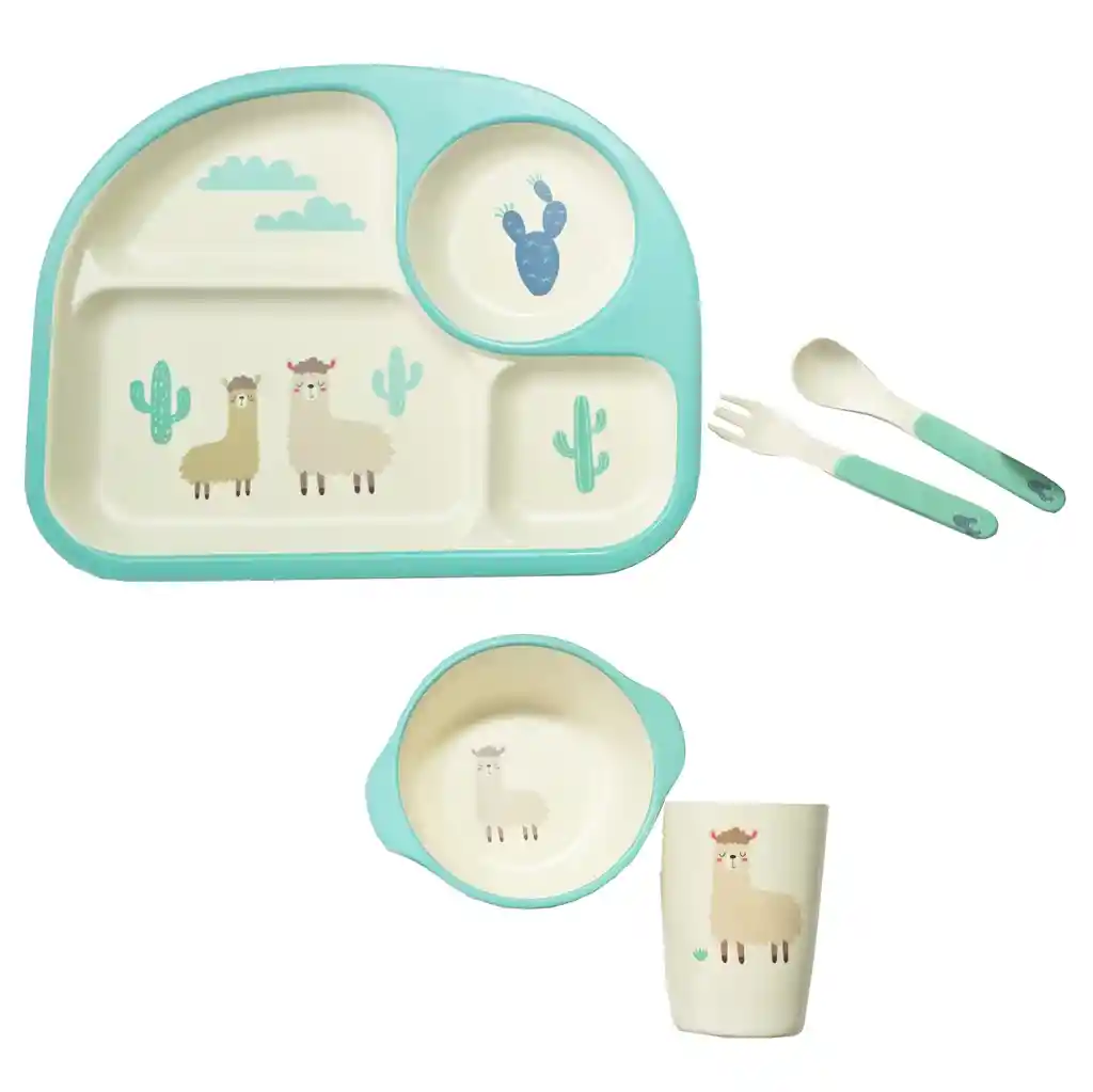 Set Vajilla Platos Cubiertos Llama Bebe Infantil X 5pc