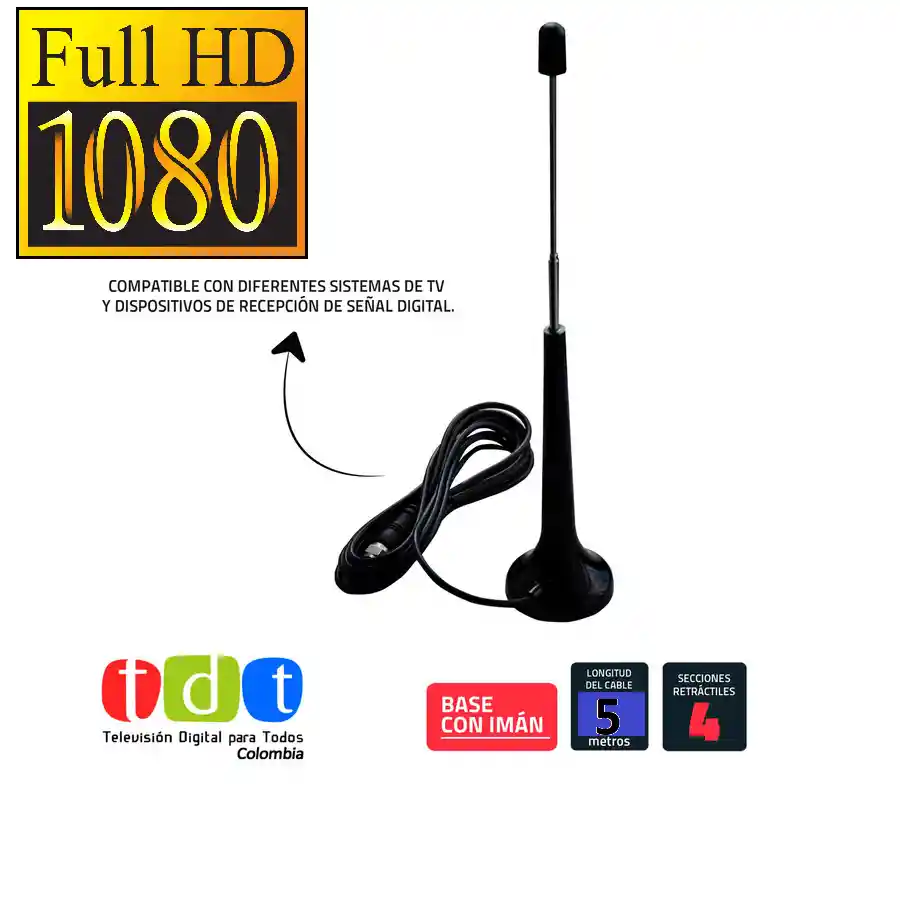 Antena Tv Digital Tda Interior Coaxial 5mt Con Usb Amplificador Activa Base Magnética