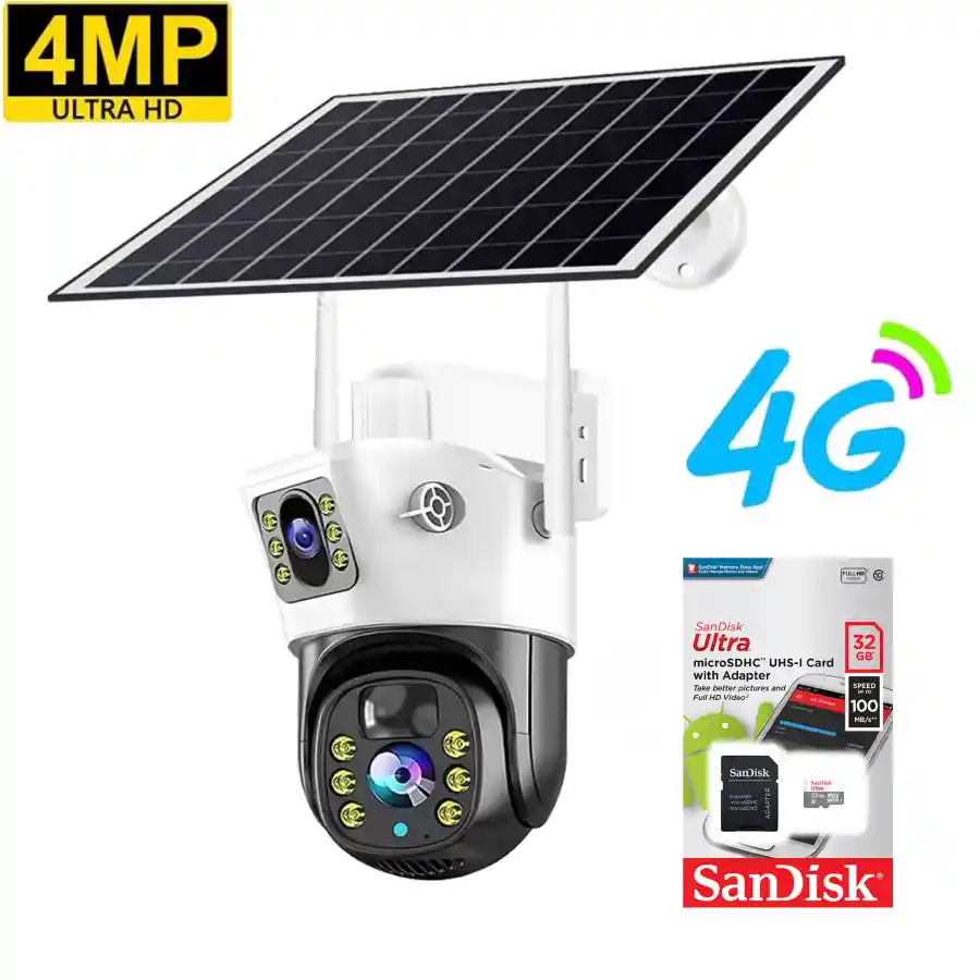 Camara Doble Lente Exterior Solar Simcard 4g Resiste Agua + Tarjeta Sd 32 Gb