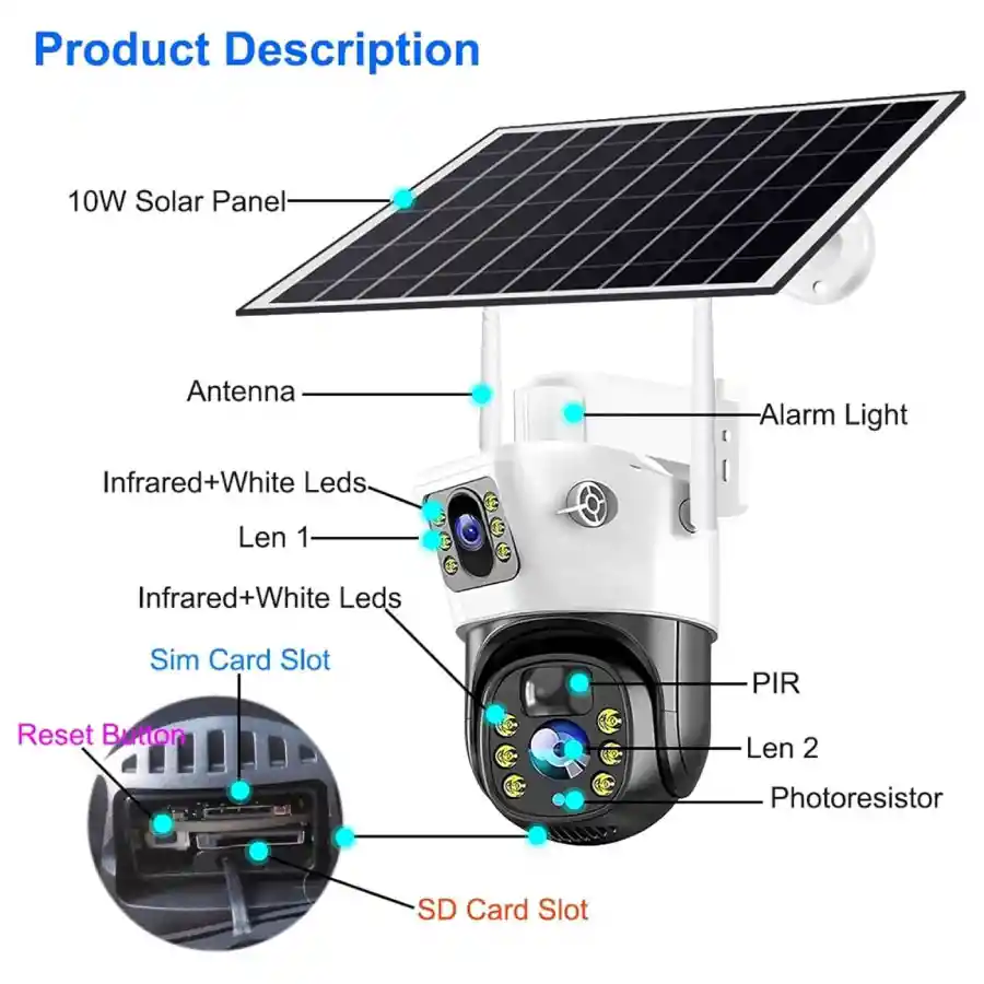 Camara Doble Lente Exterior Solar Simcard 4g Resiste Agua + Tarjeta Sd 32 Gb