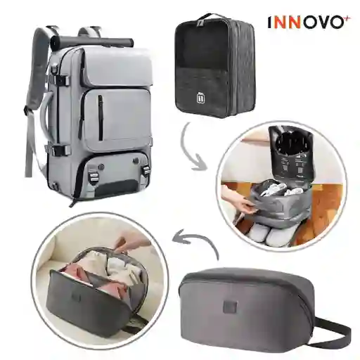 Combo Mochila Viajera + Organizador De Ropa Interior + Bolsa Para Zapatos Gris