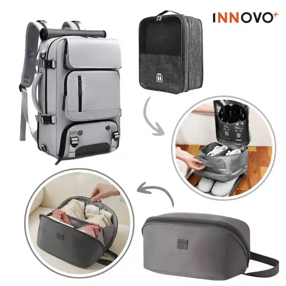 Combo Mochila Viajera + Organizador De Ropa Interior + Bolsa Para Zapatos Gris