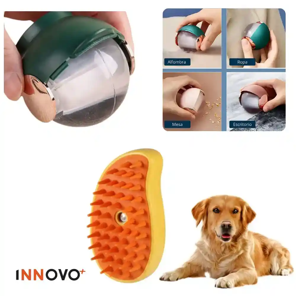 Combo Esfera Rodillo Silicona Quita Pelos + Cepillo Masaje Mascotas Vapor