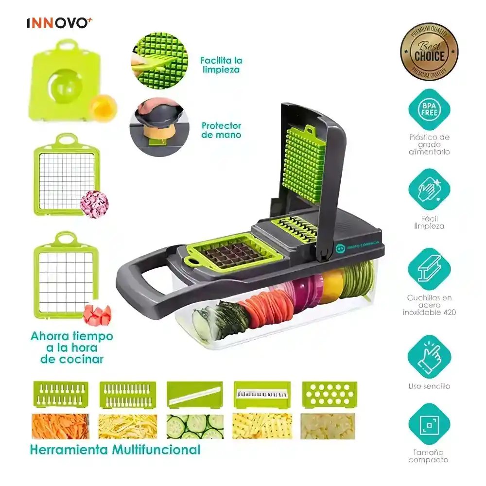 Combo Mandolina Picatodo Verdura + Tabla De Picar Descongela Carne+ Set Utensilios X12 Piezas En Silicona