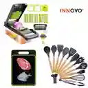 Combo Mandolina Picatodo Verdura + Tabla De Picar Descongela Carne+ Set Utensilios X12 Piezas En Silicona