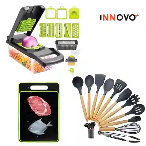 Combo Mandolina Picatodo Verdura + Tabla De Picar Descongela Carne+ Set Utensilios X12 Piezas En Silicona